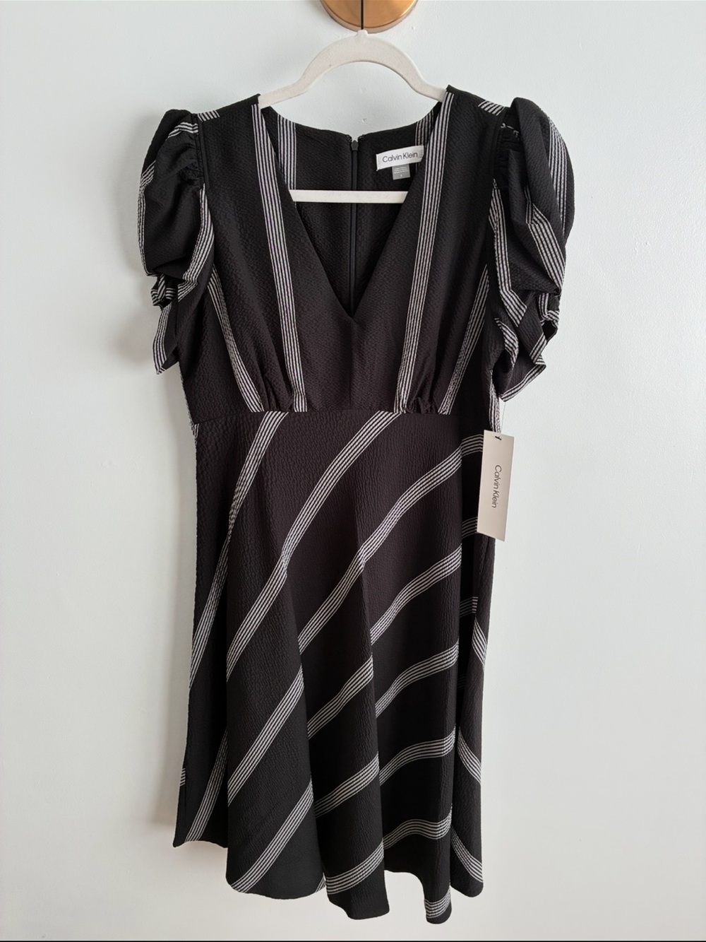 Calvin Klein Black Dress with White Stripes and Puff Sleeves